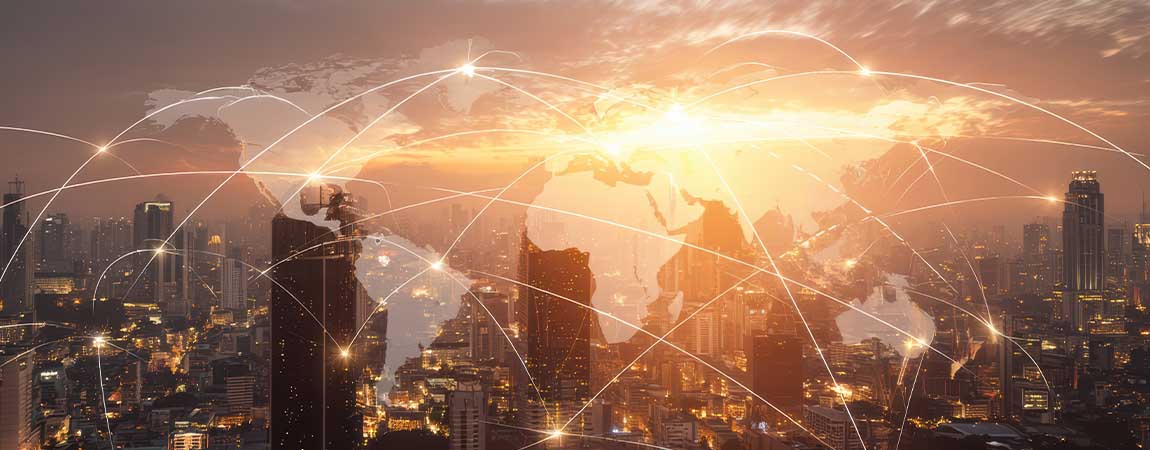 Global network connectivity over a city skyline at sunset