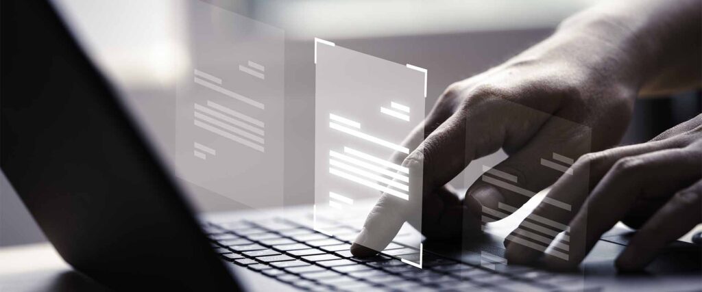 hand using laptop computer with virtual screen document online